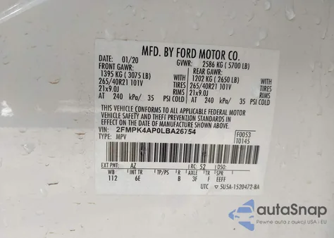 2020 Ford Edge St из США, поврежденный, VIN 2FMPK4AP0LBA26754